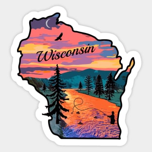 Wisconsin State Map Mountain Sunset River Retro Sticker